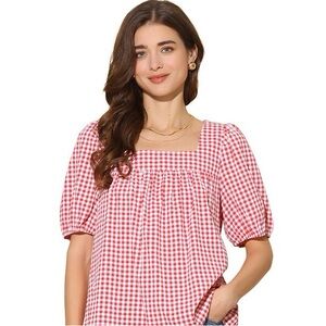 SHEIN Red Gingham Square Neck Puff Sleeve Women's Crop Top Blouse size L